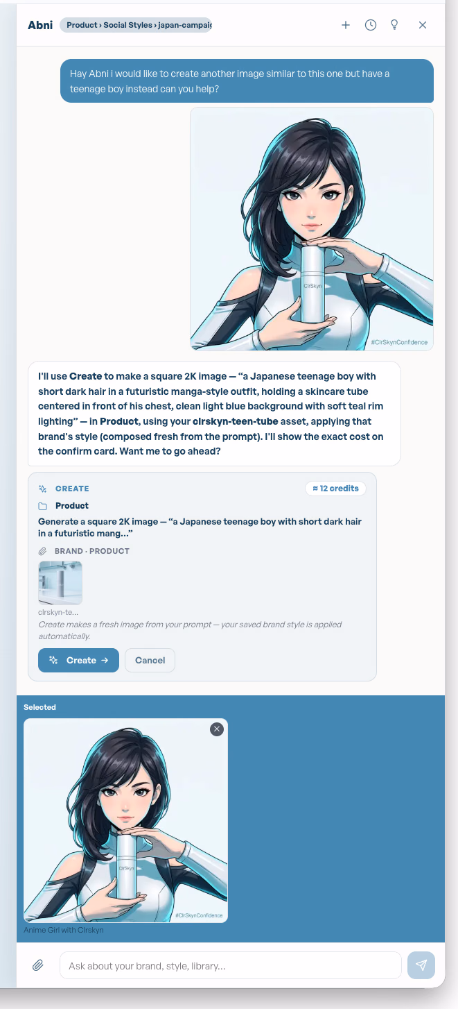 Abni chat: a request for a similar image with a teenage boy, Abni's proposed Create brief with the credit cost, and a Create button to confirm before anything is charged