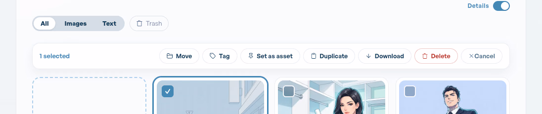 The library action row with one image selected: Move, Tag, Set as asset, Duplicate, Download, Delete and Cancel