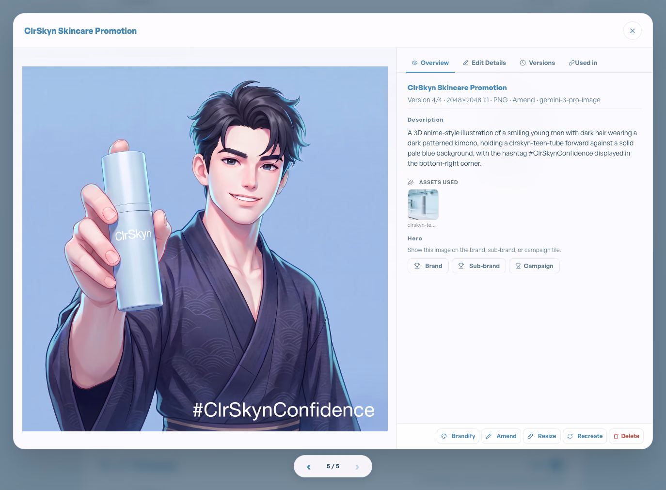 Image overview in the lightbox: version, size and format, the generated description, the asset used, and hero buttons for brand, sub-brand and campaign
