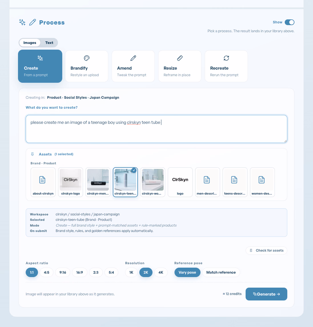 The Process panel with Create selected from Create, Brandify, Amend, Resize and Recreate: a brief typed in, a pinned asset chosen, aspect ratio and resolution options, and the credit cost shown before Generate