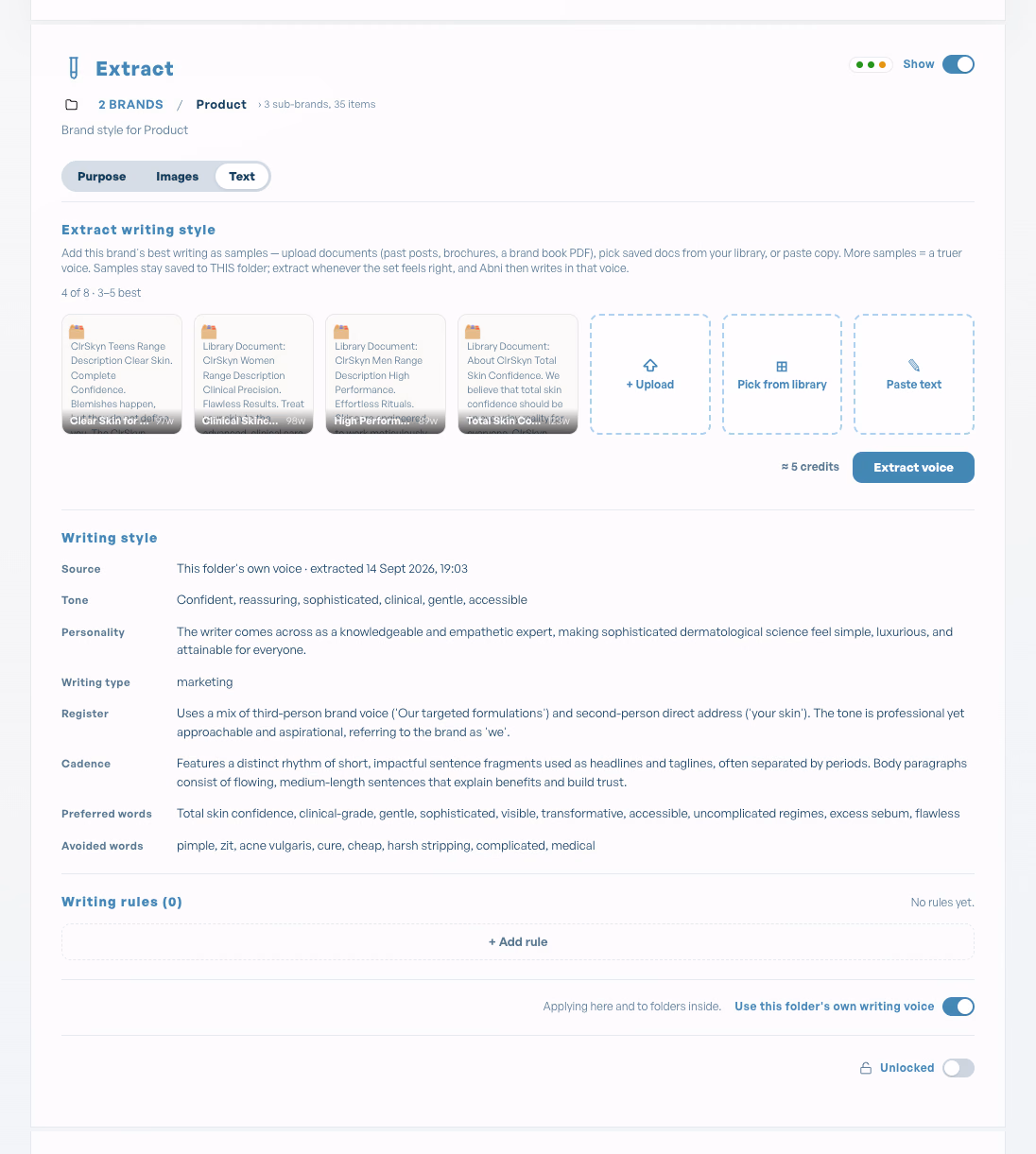 The Extract writing style panel: four uploaded writing samples, the extracted voice (tone, personality, register, cadence, preferred and avoided words) and an empty writing rules list