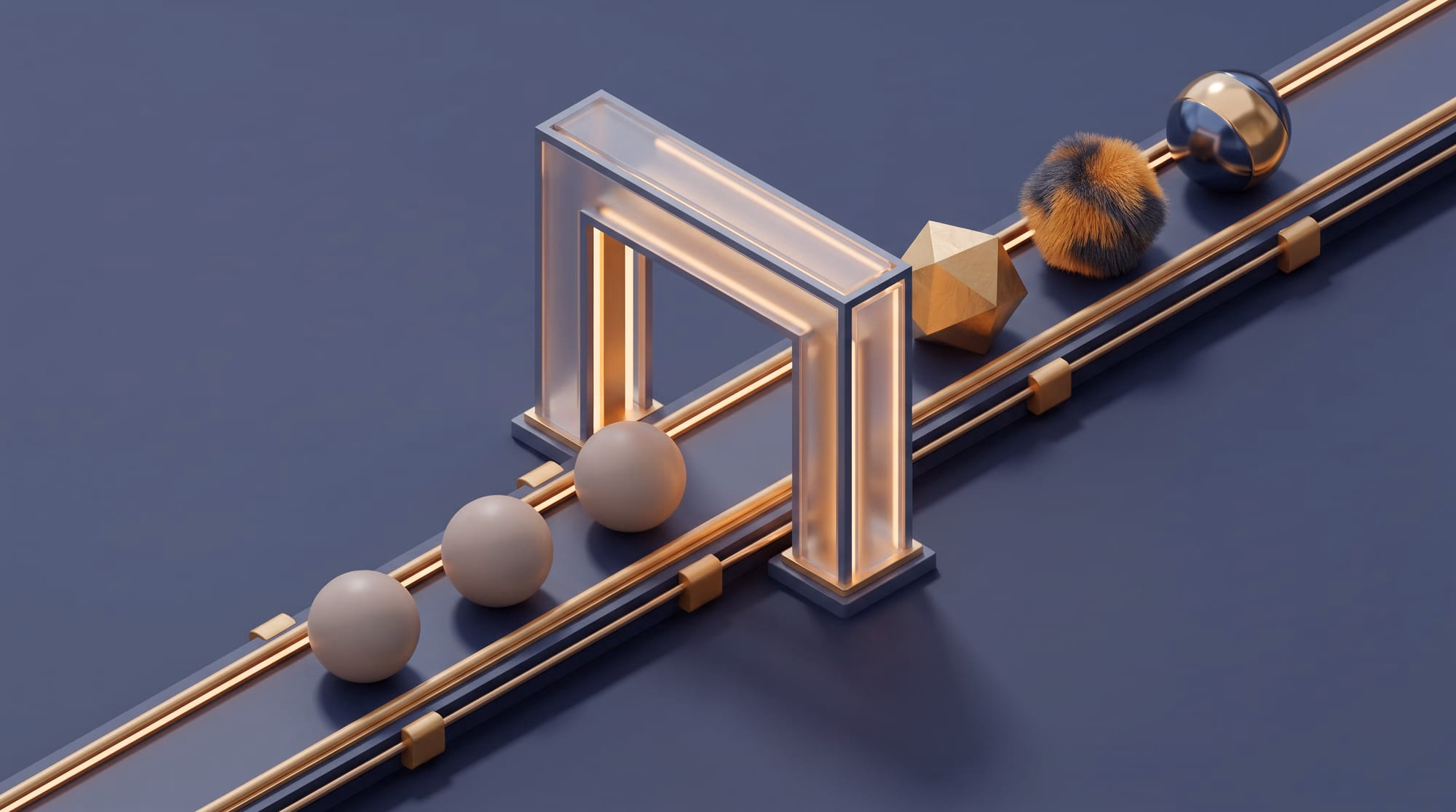 Diverse shapes travel along a track through a glowing arch, emerging as uniform beige spheres.