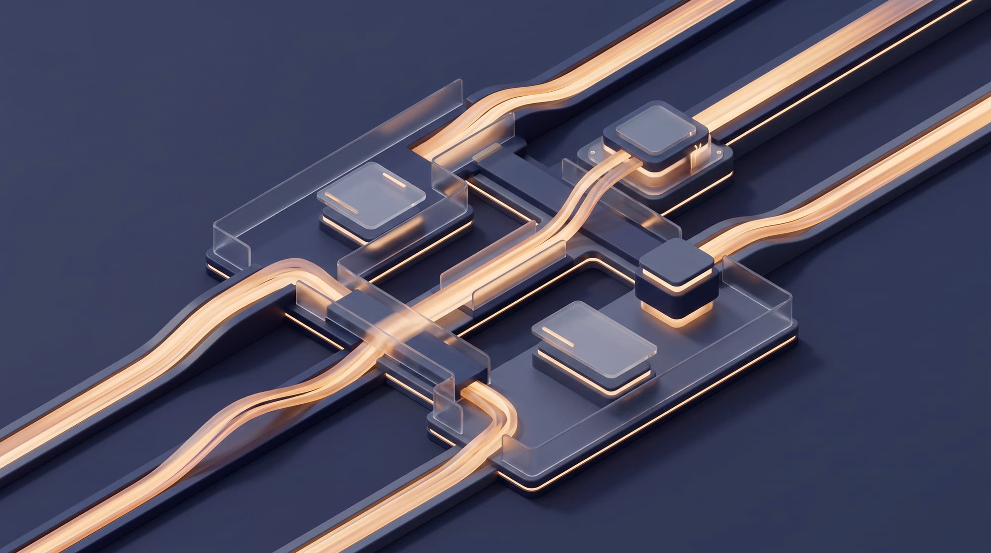 Glowing golden streams flow through dark circuit channels guided by clear glass barriers.