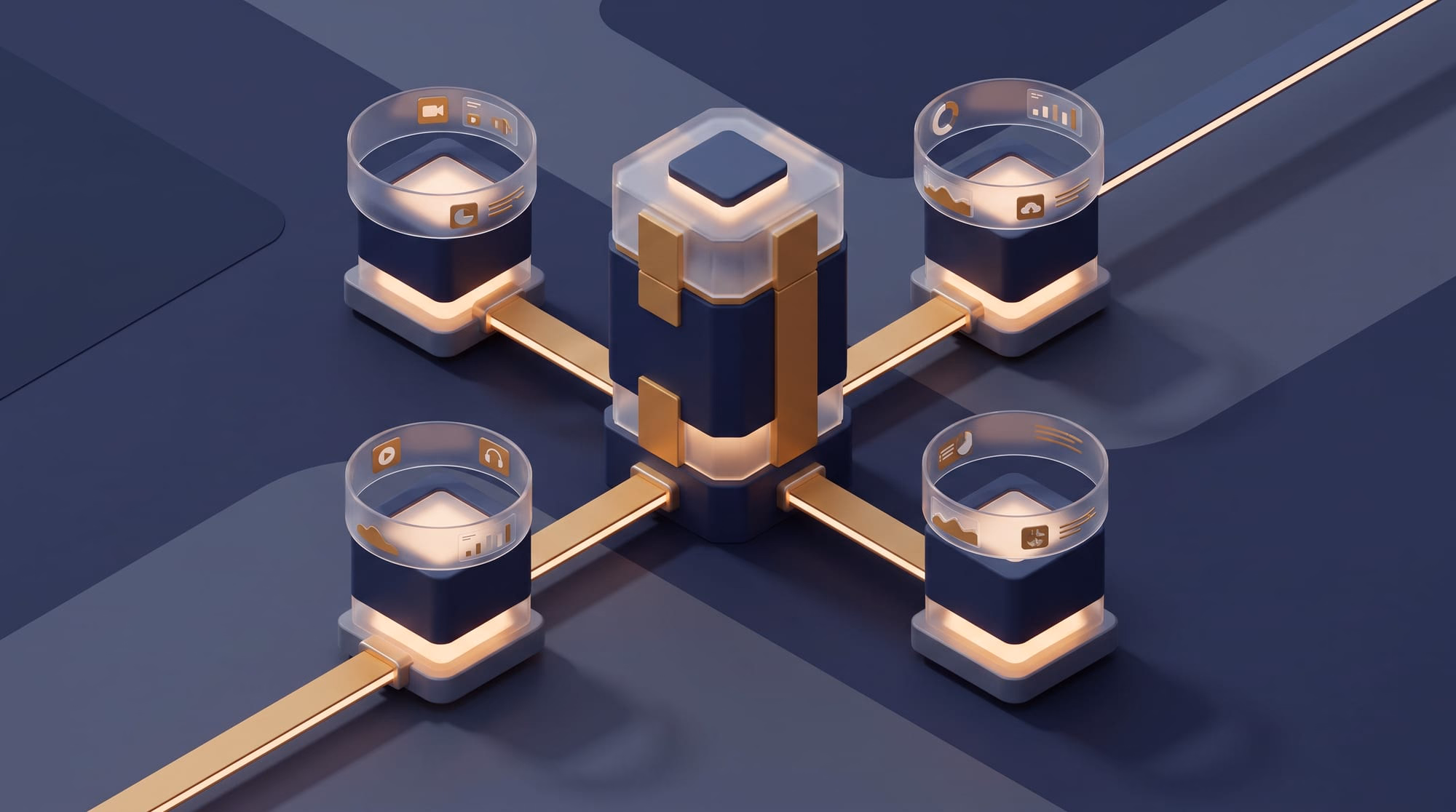 A glowing central hub connects to four modular pillars displaying data icons via golden pathways.