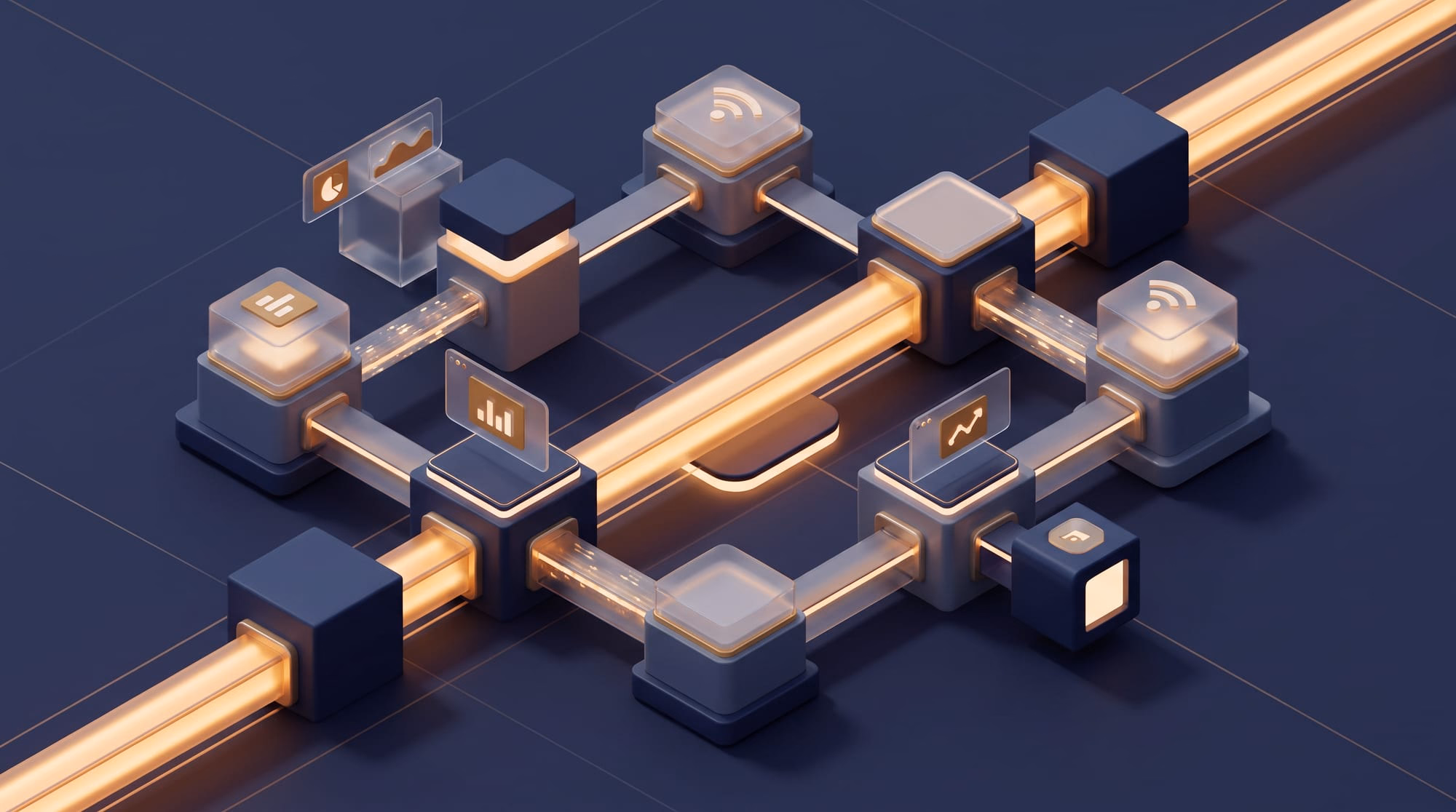 Modular 3D blocks with data icons connected by glowing orange conduits across a dark surface.