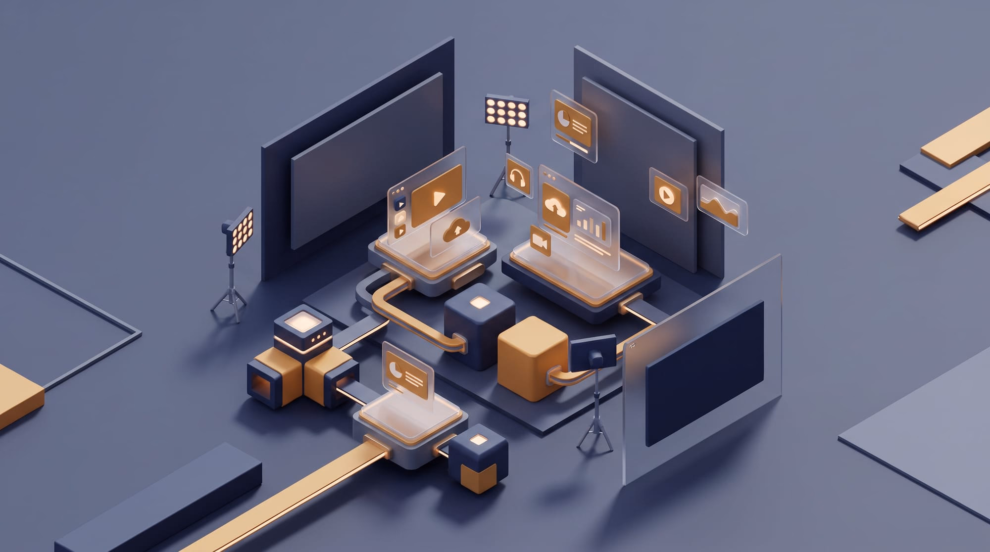 A 3D isometric studio model with interconnected digital screens, media icons, and production lights.