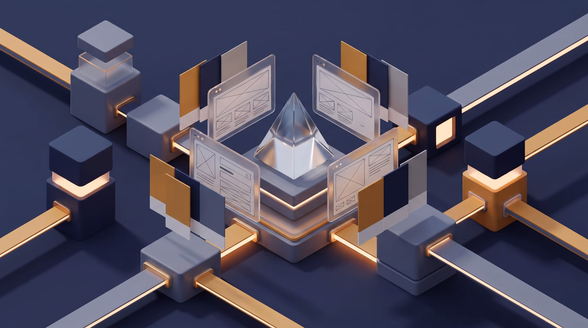 A 3D network of glowing paths connects UI wireframes and color swatches around a central glass pyramid.