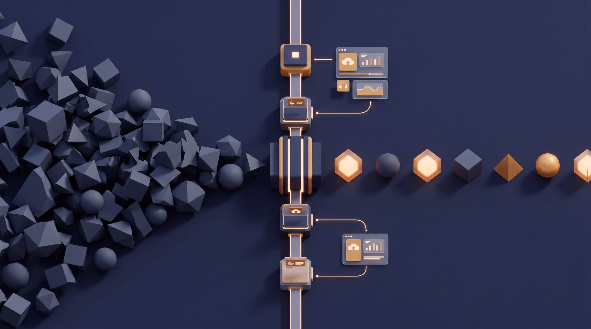Chaotic 3D shapes pass through a digital filter and emerge in an orderly, glowing line.